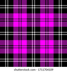 Tartan plaid. Scottish pattern in black, fuchsia and white cage. Scottish cage. Traditional Scottish checkered background. Fabric texture. Vector illustration