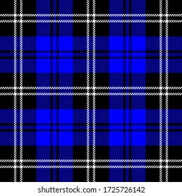 Tartan plaid. Scottish pattern in black, blue and white cage. Scottish cage. Traditional Scottish checkered background. Seamless fabric texture. Vector illustration