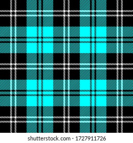 Tartan plaid. Scottish pattern in black, auqa and white cage. Scottish cage. Traditional Scottish checkered background. Seamless fabric texture. Vector illustration