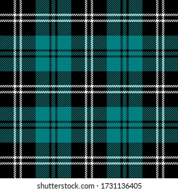 Tartan plaid. Scottish pattern in black, teal and white cage. Scottish cage. Traditional Scottish checkered background. Seamless fabric texture. Vector illustration