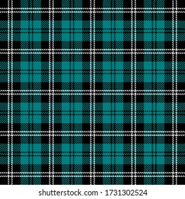 Tartan plaid. Schottisches Muster in schwarzem, teal und weißem Käfig. Schottischer Käfig. Traditioneller schottischer Hintergrund mit Schachbrettmuster. Stoffstruktur. Vektor-Abbildung