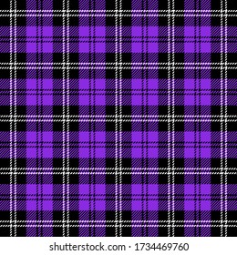 Tartan plaid. Scottish pattern in black, blueviolet and white cage. Scottish cage. Traditional Scottish checkered background. Seamless fabric texture. Vector illustration