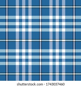 Tartan plaid. Patrón escocés en jaulas negras, azules y blancas. Jaula escocesa. Fondo tradicional escocés a cuadros. Textura de tela sin fisuras. Ilustración del vector
