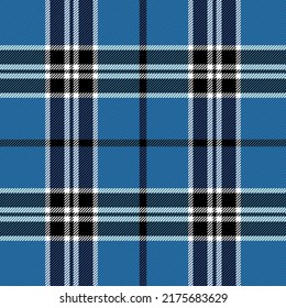 Tartan plaid. Scottish pattern in black, blue and white cage. Scottish cage. Traditional Scottish checkered background. Seamless fabric texture. Vector illustration