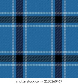 Tartan plaid. Scottish pattern in black, blue and white cage. Scottish cage. Traditional Scottish checkered background. Seamless fabric texture. Vector illustration