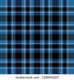 Tartan plaid. Scottish pattern in black, blue and white cage. Scottish cage. Traditional Scottish checkered background. Seamless fabric texture. Vector illustration