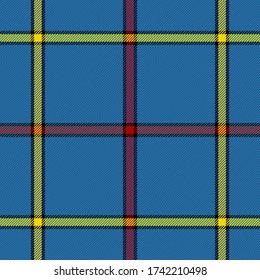 Tartan plaid. Scottish pattern in blue, red and yellow cage. Scottish cage. Traditional Scottish checkered background. Template for design ornament. Seamless fabric texture. Vector illustration