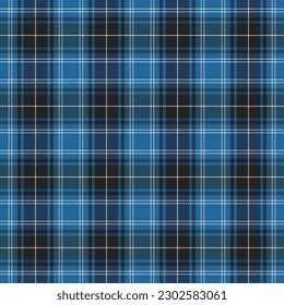Tartan plaid. Scottish pattern in blue, black and white cage. Scottish cage. Traditional Scottish checkered background. Seamless fabric texture. Vector illustration