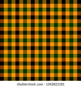 Tartan plaid. Scottish pattern in orange, black, green and yellow cage. Scottish cage. Traditional Scottish checkered background. Seamless fabric texture. Vector illustration