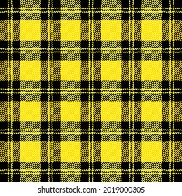 Tartan plaid. Scottish pattern in yellow and black cage. Scottish cage. Traditional Scottish checkered background. Seamless fabric texture. Vector illustration