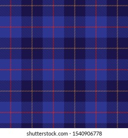 Tartan plaid seamless pattern black red blue and brown line alternating rectangles of fabric blue background, Scottish cage.