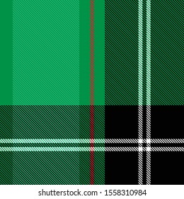 Tartan plaid seamless pattern black red and white line alternating rectangles of fabric green background, Scottish cage.