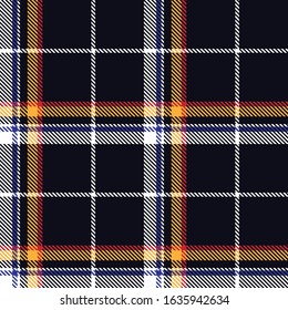 Tartan plaid seamless pattern black blue red yellow line fabric texture background, Scottish cage