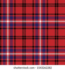 Tartan plaid seamless pattern blue black and white line alternating rectangles of fabric red background, Scottish cage.