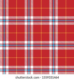 Tartan plaid seamless pattern blue yellow and white alternating rectangles of fabric red background, Scottish cage.