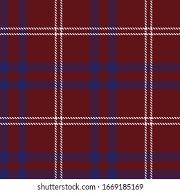 Tartan plaid seamless pattern blue white line fabric texture red background, Scottish cage 