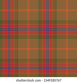 Tartan plaid seamless pattern brown yellow green red orange line alternating rectangles of fabric brown background, Scottish cage.