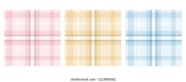 Tartan plaid seamless pattern collection. Checkered fabric texture print in stripes of yellow, blue and pink. Vector illustration for blanket, throw, duvet cover, spring and winter textile design