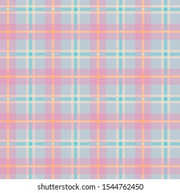 Tartan plaid seamless pattern pink yellow blue line alternating rectangles of fabric background, Scottish cage.
