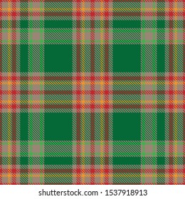 Tartan plaid seamless pattern red orange gray and green line fabric texture  green background ,Scottish cage , New year Christmas Decoration ,Vector illustration