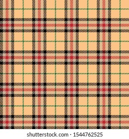 Tartan plaid seamless pattern red and white alternating rectangles of fabric yellow background, Scottish cage.