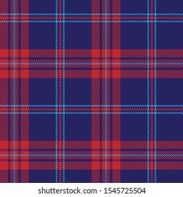 Tartan plaid seamless pattern red and light blue line alternating rectangles of fabric blue background, Scottish cage.
