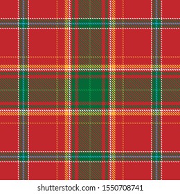 Tartan plaid seamless pattern red green white blue yellow line alternating rectangles of fabric red background, Scottish cage.