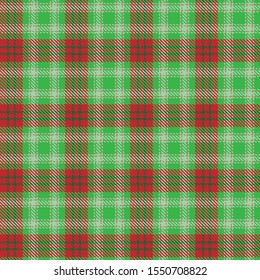 Tartan plaid seamless pattern red green white line alternating rectangles of fabric green background, Scottish cage.