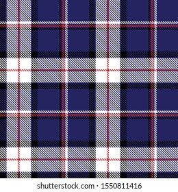 Tartan plaid seamless pattern red black and white line alternating rectangles of fabric blue background, Scottish cage.