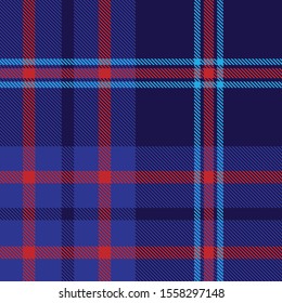 Tartan plaid seamless pattern red blue line alternating rectangles of fabric blue background, Scottish cage.
