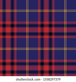 Tartan plaid seamless pattern red black yellow line alternating rectangles of fabric blue background, Scottish cage.