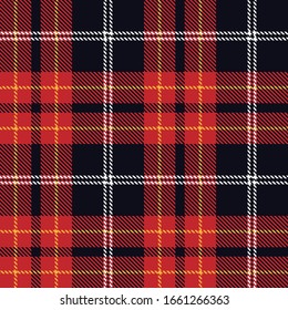Tartan plaid seamless pattern red white yellow line fabric texture dark gray background, Scottish cage