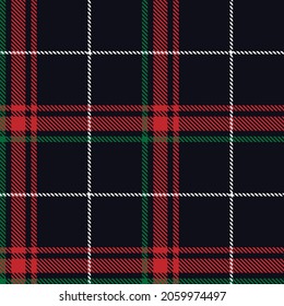 Tartan plaid seamless pattern red green white line fabric texture dark blue background, Scottish cage , New year Christmas Decoration, Check design Vector illustration
