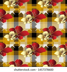 Tartan plaid seamless pattern. Striped ornamental floral background. Geometric repeat checks backdrop. 3d gold and red flowers. Modern grunge texture. Patchwork design with stripes, lines, squares.