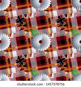 Tartan plaid seamless pattern. Striped ornamental floral background. Geometric repeat checks backdrop. 3d chamomile flowers. Grunge texture. Beautiful patchwork design with stripes, lines, squares.