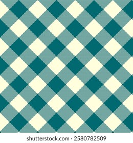 A tartan plaid seamless pattern with teal, cream, and light green colors. The design features intersecting lines and squares, a symmetrical grid commonly used in textiles and fashion.