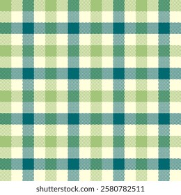 A tartan plaid seamless pattern with teal, cream, and light green colors. The design features intersecting lines and squares, a symmetrical grid commonly used in textiles and fashion.