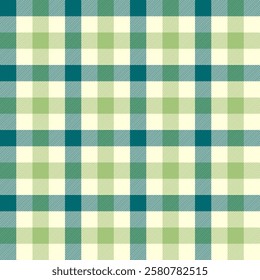 A tartan plaid seamless pattern with teal, cream, and light green colors. The design features intersecting lines and squares, a symmetrical grid commonly used in textiles and fashion.