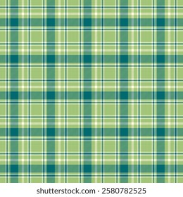 A tartan plaid seamless pattern with teal, cream, and light green colors. The design features intersecting lines and squares, a symmetrical grid commonly used in textiles and fashion.