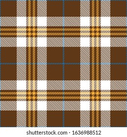 Tartan plaid seamless pattern white blue yellow line fabric texture brown background, Scottish cage