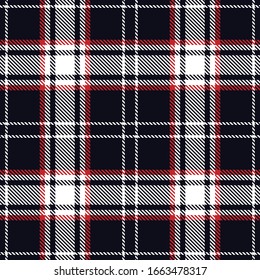 Tartan plaid seamless pattern white red line fabric texture dark blue background, Scottish cage