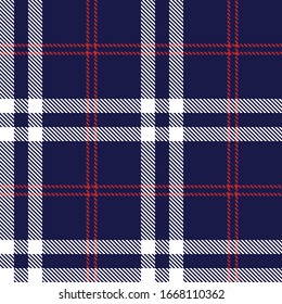 Tartan plaid seamless pattern white red line fabric texture blue background, Scottish cage