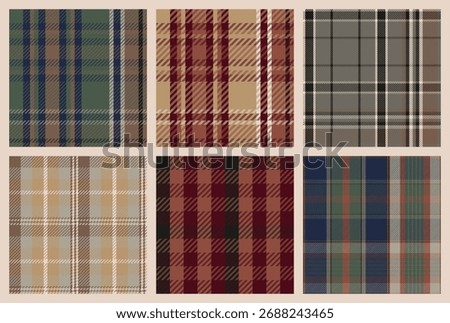 Tartan Plaid Seamless Patterns Set. Vintage tiles in deep, cozy, rustic colors. Perfect for cabin decor, digital planning, stationery, scrapbooking, fabrics, textiles. Swatches included. Vector.