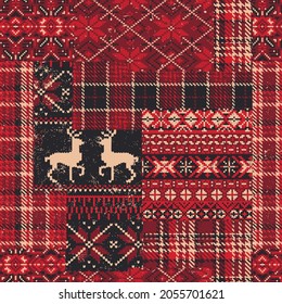 Tartan plaid and snowflake jacquard fabric patchwork grunge abstract vector seamless pattern 