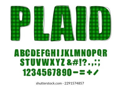 Tartan plaid trendy alphabet. Hand drawn doodle chequered alphabet letters,  numbers and punctuation marks. For poster, banner, T shirt design. Vector illustration