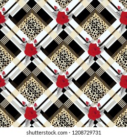 tartan with Red rose and black leopard skin tartan traditional fabric seamless pattern, vector eps10