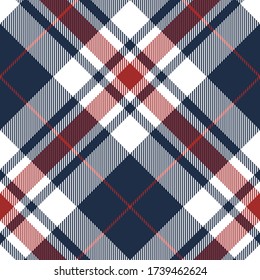 Tartan Scotland pattern plaid in blue, red, white. Seamless diagonal check plaid for flannel shirt, tablecloth, blanket, throw, or other modern autumn and winter fashion textile design.