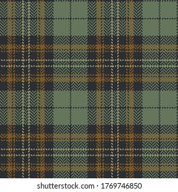 Tartan Scotland pattern vector in green and brown. Seamless dark fashion tweed check plaid for skirt or other modern autumn winter textile print. Herringbone woven pixel texture.
