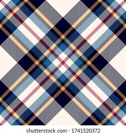 Tartan Scotland plaid multicolored background. Diagonal check plaid in blue, red, yellow, white for flannel shirt, skirt, or other modern textile design.
