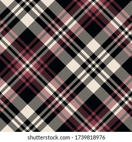 Tartan Scotland plaid pattern background. Seamless diagonal check plaid graphic in black, red, and off white for flannel shirt, blanket, throw, duvet cover, or other modern winter fabric design.